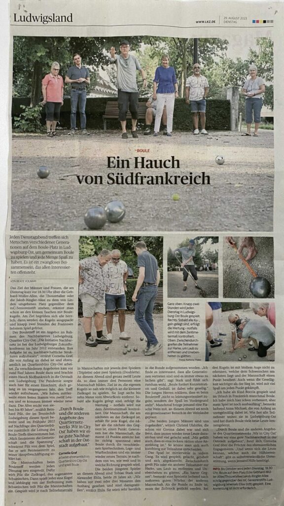 Nachbarnetz Ludwigsburg, ein Beitrag aus der Ludwigsburger Kreiszeitung (LKZ) vom 29.08.2023 über ein Hauch von Südfrankreich beim Boule-spielen.