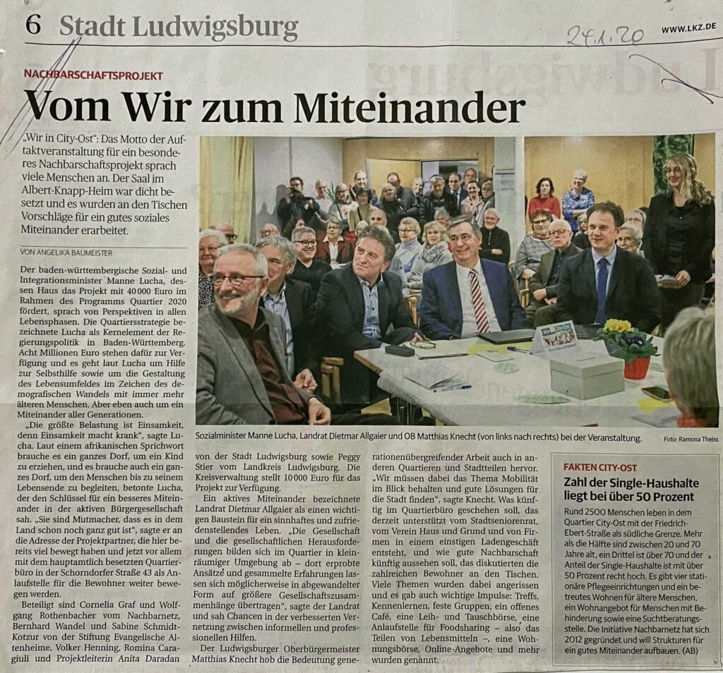 Nachbarnetz Ludwigsburg, ein Beitrag aus der Ludwigsburger Kreiszeitung (LKZ) vom 24.01.2020 über "Vom Wir zum Miteinander".