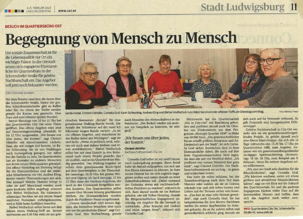 Nachbarnetz Ludwigsburg, ein Beitrag aus der Ludwigsburger Kreiszeitung (LKZ) vom 04/05.02.23 über Begegnung von Mensch zu Mensch.