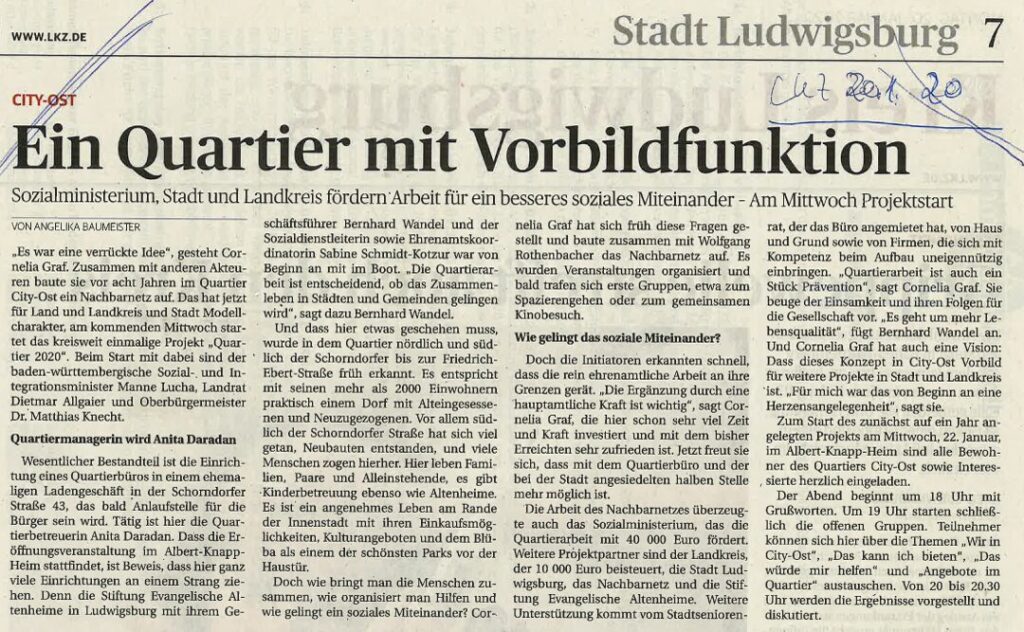 Nachbarnetz Ludwigsburg, ein Beitrag aus der Ludwigsburger Kreiszeitung (LKZ) vom 20.01.2020 über ein Quartier mit Vorbildfunktion