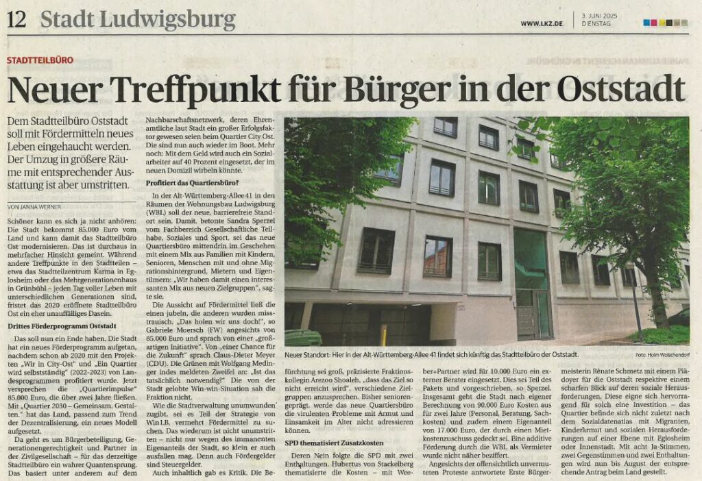 Nachbarnetz Ludwigsburg, ein Beitrag aus der Ludwigsburger Kreiszeitung (LKZ) vom 03.06.2025 über einen neuen Treffpunkt für Bürger in der Oststadt.
