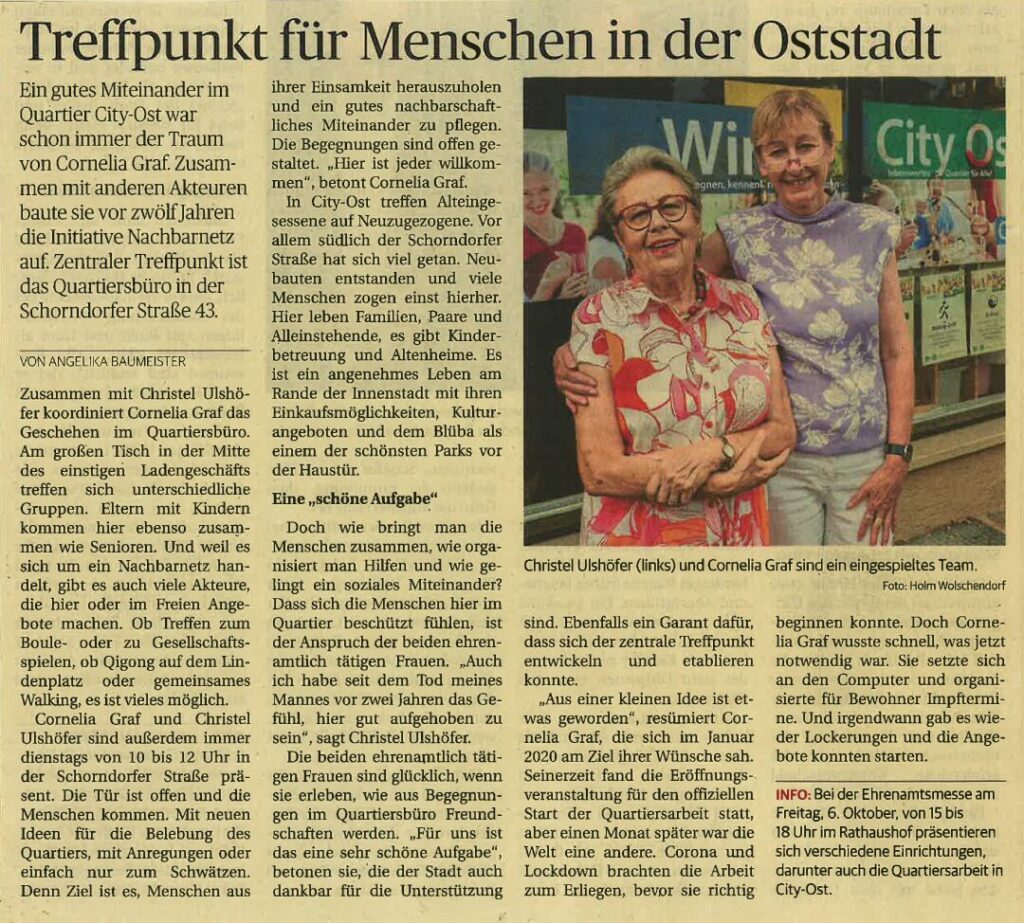 Nachbarnetz Ludwigsburg, ein Beitrag aus der Ludwigsburger Kreiszeitung (LKZ) vom Oktober 2023 über einen Treffpunkt für Menschen in der Oststadt.
