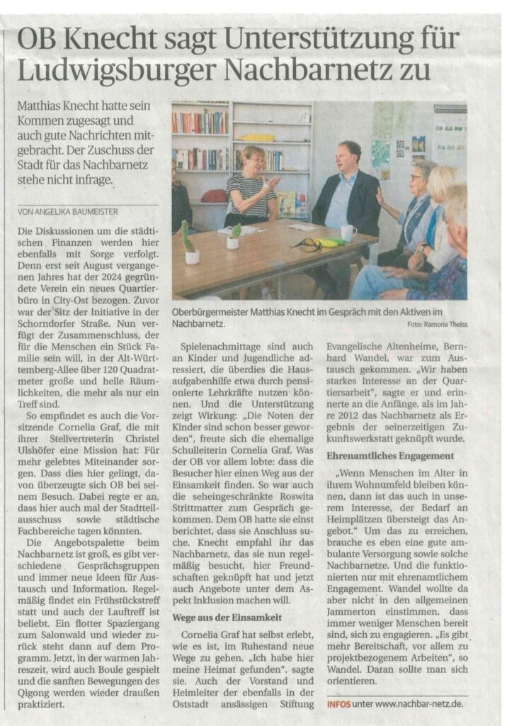 Nachbarnetz Ludwigsburg, ein Beitrag aus der Ludwigsburger Kreiszeitung (LKZ) vom 02.05.2026 darüber, dass Oberbürgermeister Knecht Unterstützung für das Nachbarnetz zusagt.